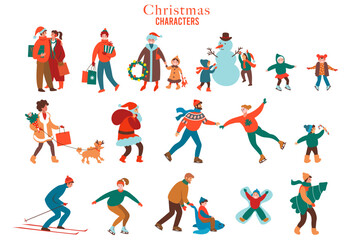 Christmas characters. Winter street style. Vector illustration set