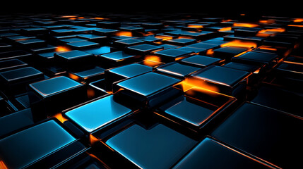 Fototapeta premium Abstract Blue and Orange Glowing Cubes 3D Render Technology Background Shiny Blocks Di