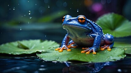 Watercolor art, a tree blue treefrog sitting on a lotus leaf, floating on water with raindrops, surrounded by bright colors and anime style reflections. The background is an enchanted forest at night.