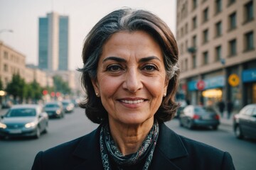 Close portrait of a smiling senior Iranian businesswoman looking at the camera, Iranian big city outdoors blurred background
