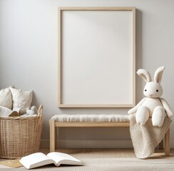 Modern Scandinavian-Style Children's Nursery with White Wooden Picture Frame, Blank Canvas, Light Wood Furniture, Wicker Basket, and Stuffed Bunny by Open Book.