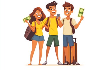 Happy young travelers with cash and phone.