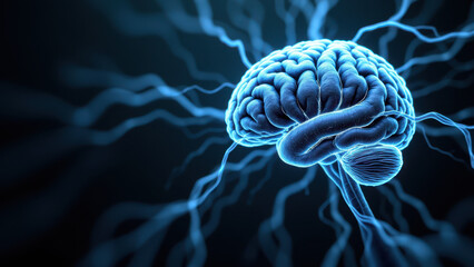 Obraz premium This is an image of a human brain with light blue electrical activity, symbolizing artificial general intelligence (AGI).