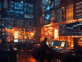 Naklejka premium A bustling urban cafe where crypto trading platforms glow on multiple screens, warm cinematic tones