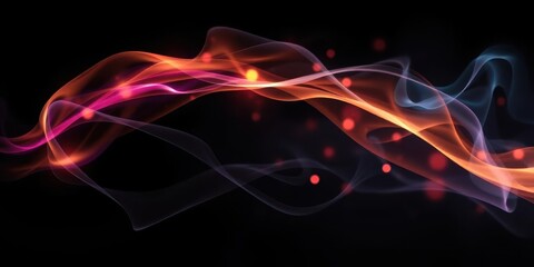 Fototapeta premium Rotation of swirling smoke veils bathed in colorful lights on a dark black backdrop, dynamic, backdrop, mysterious
