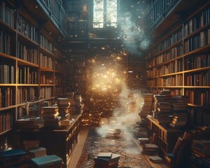 Naklejka premium A cinematic library scene where an NLP algorithm scans bookshelves with holographic projections, warm light streaming in