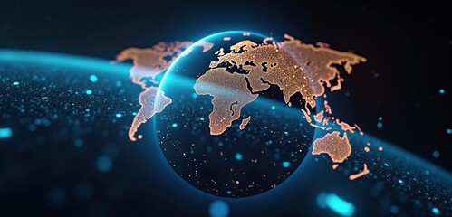 Fototapeta premium A stunning 3D rendering of the Earth illuminated by a glowing world map, highlighting global connectivity and innovation in technology and business.