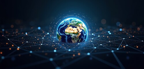 Obraz premium A digital representation of Earth surrounded by a network of connections, symbolizing globalization, technology, and connectivity in a modern business landscape.