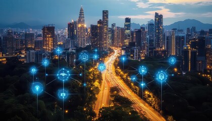 Obraz premium A cityscape with IoT sensors glowing on smart streetlights, warm evening cinematic tones