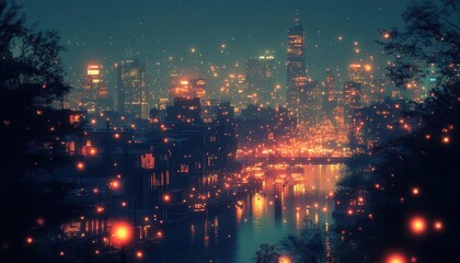 Obraz premium A cityscape with IoT sensors glowing on smart streetlights, warm evening cinematic tones