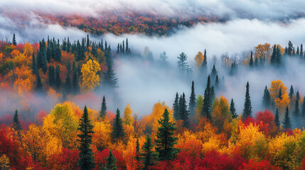 Obraz premium Misty Autumn Forest Colorful Fall Foliage Scenic Landscape