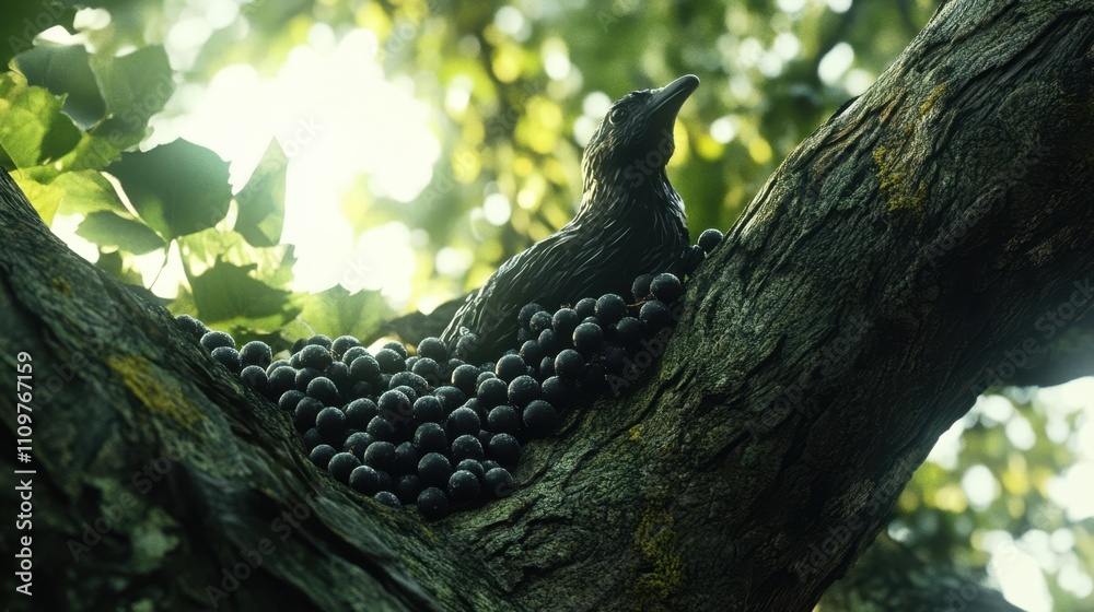 Poster jaboticaba berries cluster beautifully on a tree branch under soft sunlight filtering through leaves