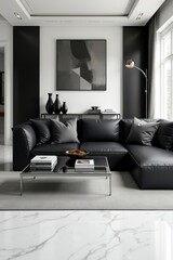 Minimalist monochrome home interior design of modern living room. A black leather sofa, a glass coffee table, and white marble flooring.