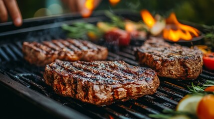 Grilled steaks on a barbecue with flames and vegetables, showcasing outdoor cooking.