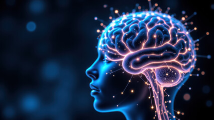 Artificial General Intelligence with a human's brain highlighted by digital effects.