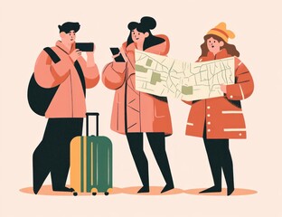 Tourists using map and phones for navigation.