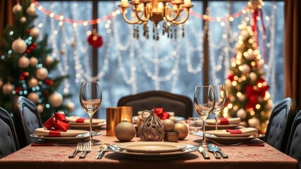 Trendy bottle green dining room with elegant table set for Christmas dinner, luxury, interior