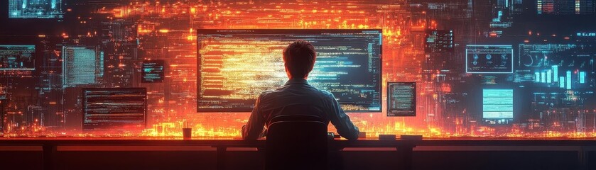 A developer coding a computer vision algorithm, multiple glowing screens around them, cinematic shadows