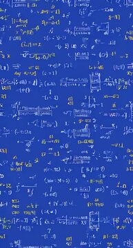 A vibrant bright blue background filled with mathematical formulas and symbols. Equations, geometric shapes, and algebraic expressions are scattered throughout