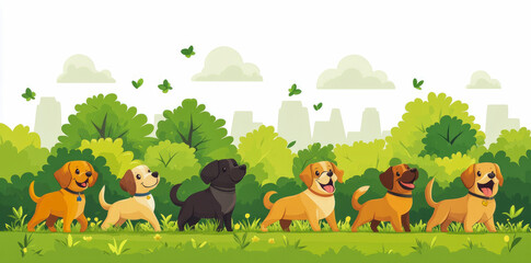Fototapeta premium A group of dogs strolls joyfully through a vibrant park filled with green trees and a bright city skyline in the background under clear skies