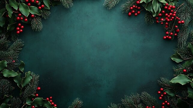 A dark green Christmas background framed with mistletoes, adding a classic holiday touch.