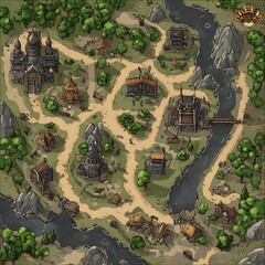 Medieval Village Map, Fantasy Roleplaying Game, RPG, Adventure, Exploration, Terrain, Location, Town, Settlement, River, Path, Road, Building, Structures, Castle, Church, Illustration, Digital Art