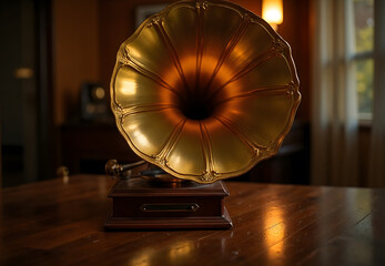 Glistening golden gramophone on wooden table in vintage interior setting