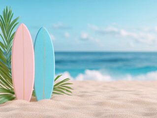 Colorful surfboards on sandy beach with ocean waves.