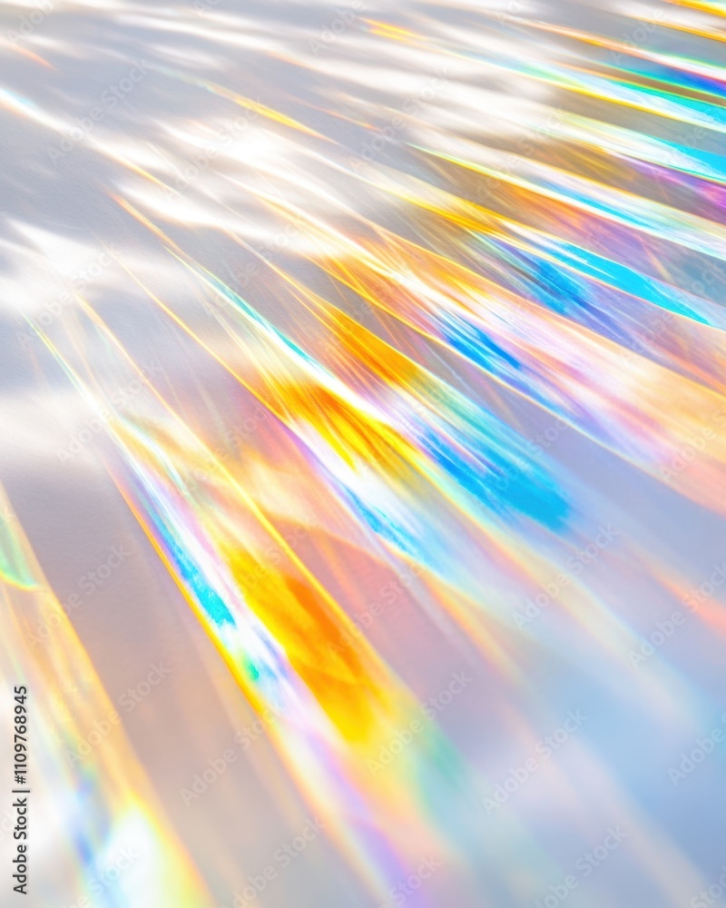 Poster Sunlight Refracts Through a Prism, Creating Vibrant Rainbows on a White Wall in an Artistic Display