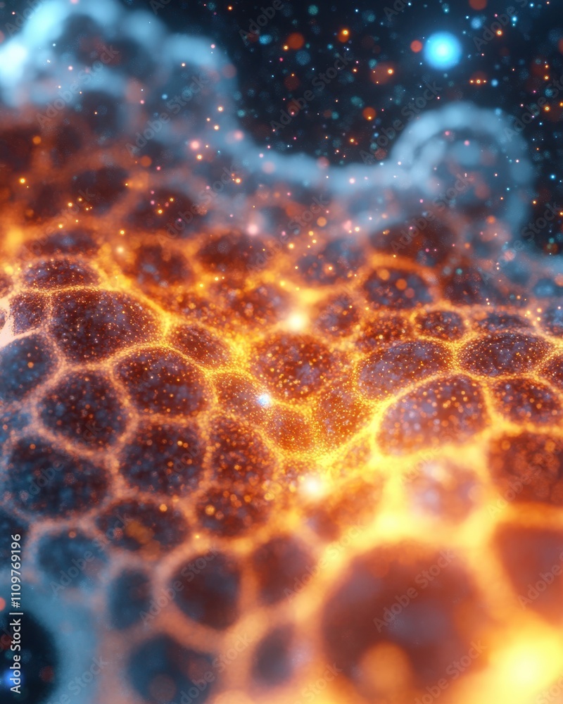 Aufkleber Vibrant Cosmic Patterns Illuminate an Abstract World of Hexagonal Formations and Glowing Orbs