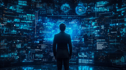 A person stands in front of multiple holographic screens displaying intricate data visualizations in a dimly lit, ultra-modern workspace