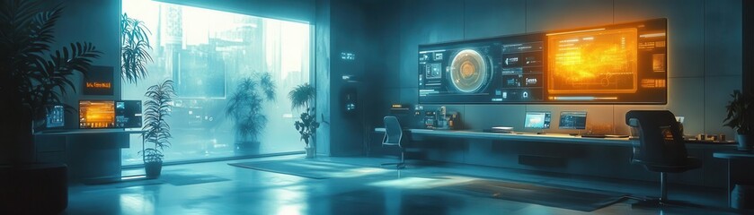 A futuristic design studio with glowing holographic VR interfaces, soft cinematic shadows, and warm hues