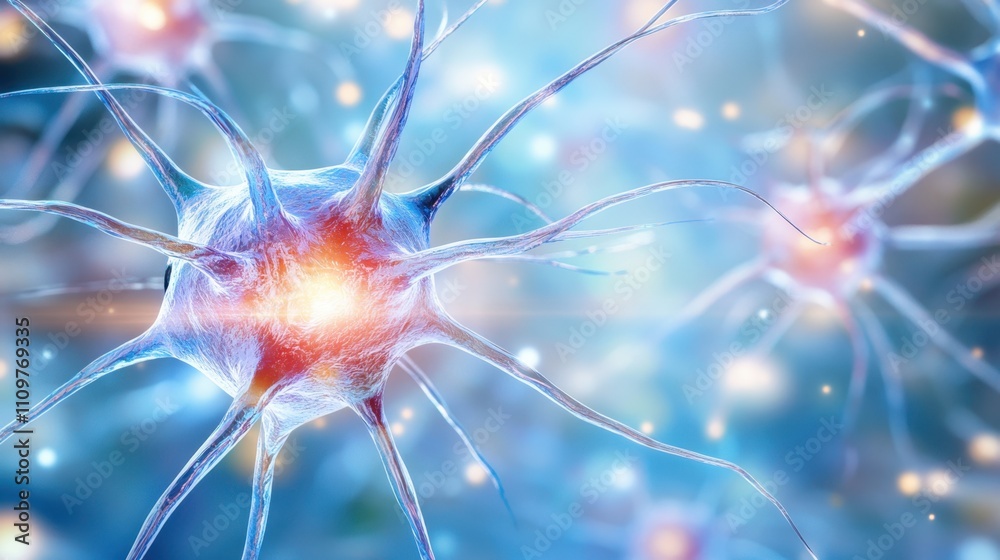 Poster fascinating close-up view of neurons with intricate connections in serene blue tones