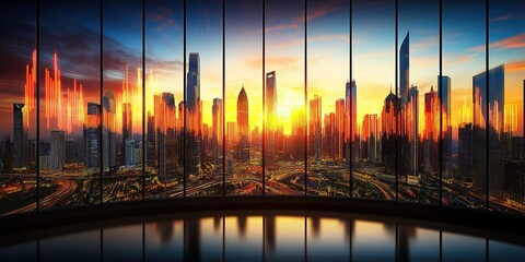 Obraz premium City skyline is shown with the sun setting in the background