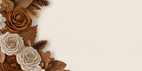 White background with a brown border and a bunch of roses and leaves