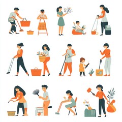 Naklejka premium Diverse people spring cleaning home, chores, housework.