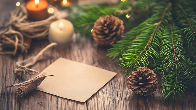 Blank Christmas card with pine branches and candles. Concept of holiday, warmth, and celebration.