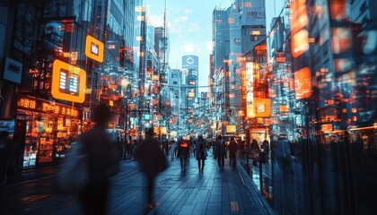 Obraz premium A futuristic microgrid interface displayed holographically in a bustling city, glowing brightly, cinematic depth