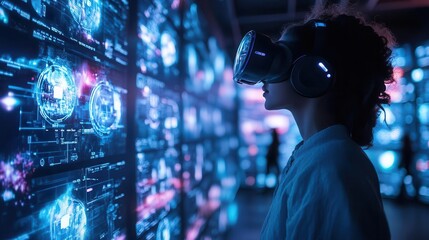 A futuristic space where haptic feedback devices glow during an immersive VR simulation, cinematic depth