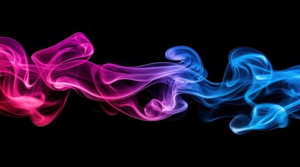Abstract wisps of neon pink and blue smoke-like patterns swirling seamlessly over a dark black background creating a vibrant and dynamic effect