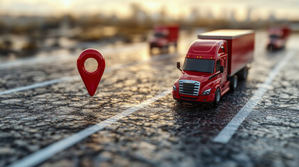 A small red truck stands on a road with a large location pin nearby, symbolizing the importance of delivery logistics in a city at sunset