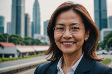 Fototapeta premium Close portrait of a smiling senior Malaysian businesswoman looking at the camera, Malaysian big city outdoors blurred background