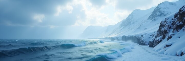 A serene winter seascape showcasing snow-covered cliffs and gentle waves, perfect for themes of tranquility, nature, and cold environments.
