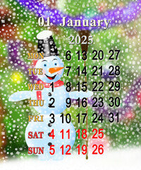 calendar for January 2025 with image of fabulous snowman. Daily organizer