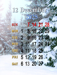 calendar for December 2025 with photo of winter forest. calendar for winter month with photo of spruces in snow. Monthly planner. December calendar for 2025. Daily organizer. Sunday start