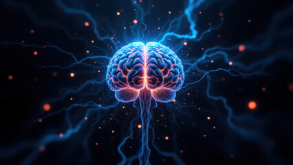 Fototapeta premium A dramatic depiction of a human brain with bright blue electrical activity, symbolizing artificial general intelligence and advanced technology.