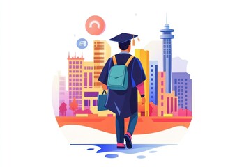 Graduate walking towards city skyline, future career.