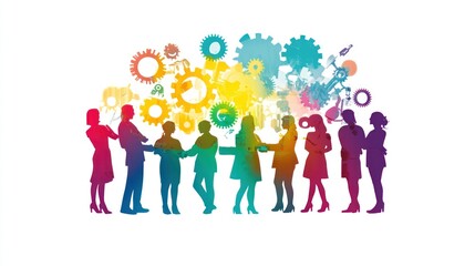 Colorful silhouettes of people networking with gears.