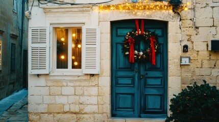 Fototapeta premium Charming house in Valletta, Malta, with whitewashed walls, colorful shutters, festive wreaths, and red ribbons on doors, overlooking the sparkling Mediterranean Sea and historic cityscape.