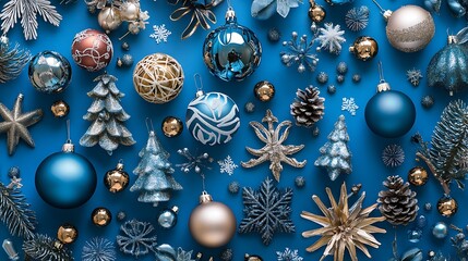 A blue Christmas decoration background featuring various ornaments and festive elements.
